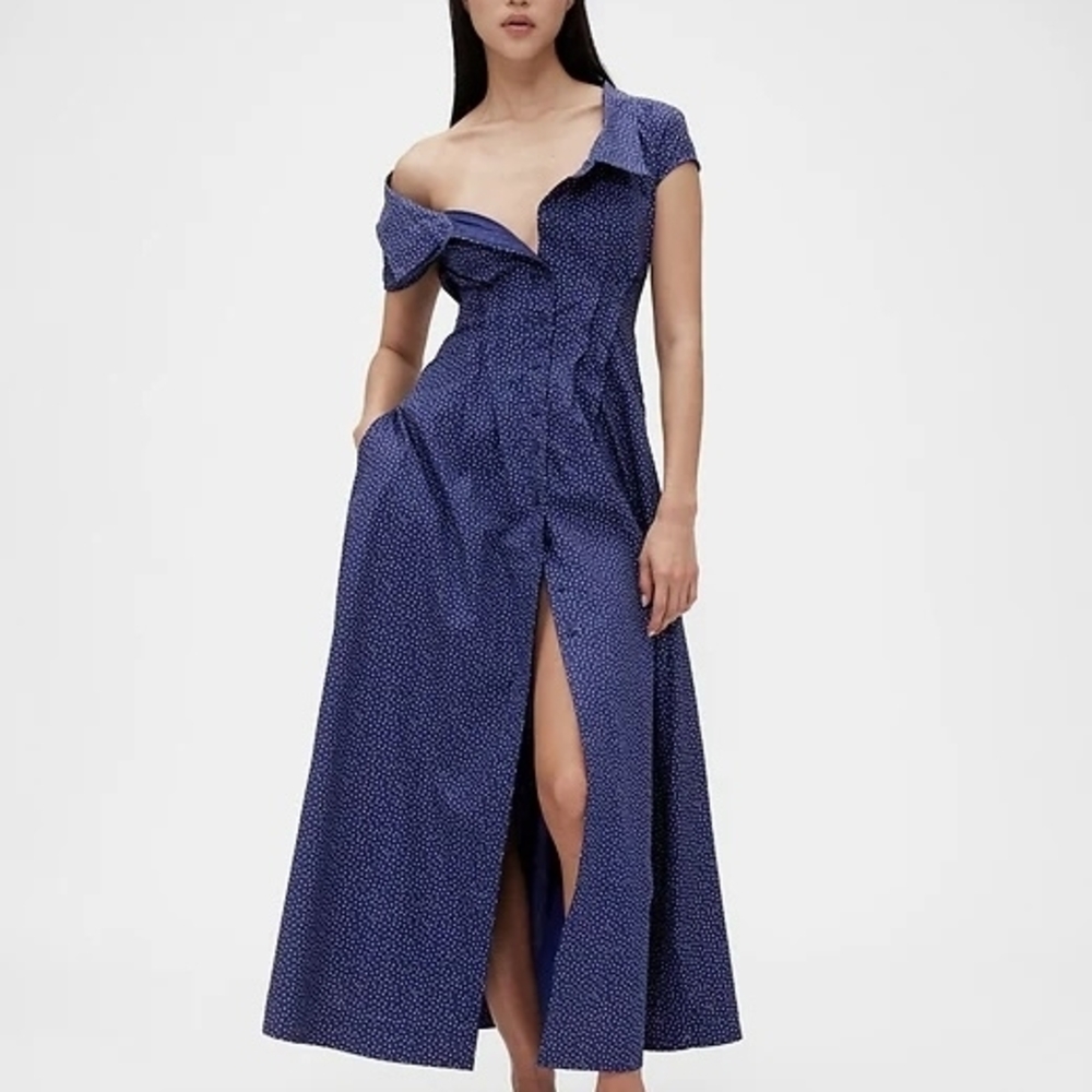 Blue Polka Dot Maxi Dress - Elegant Off-Shoulder Style